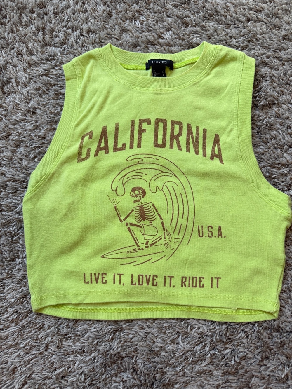 Forever 21 Neon Yellow California Surf Skeleton Crop Tank - Kids